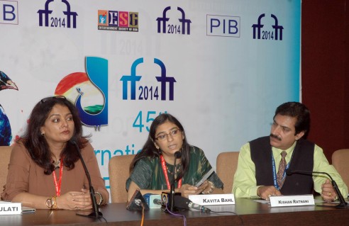 The Director of the film CANDLES IN THE WIND Kavita Bahl and Monalisa Dasgupta addressing a press conference, at the 45th IFFI.